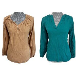 Bundle of 2 Old Navy Long Sleeve Cotton Shirts Tops, Turqoise/Tan, Small/Medium